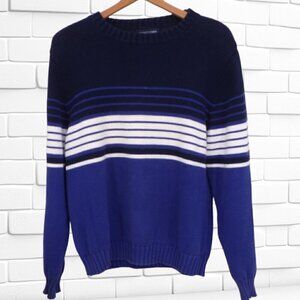 Lands' End Vintage Women's Sz L Blue White 100% Cotton Pullover Crewneck Sweater